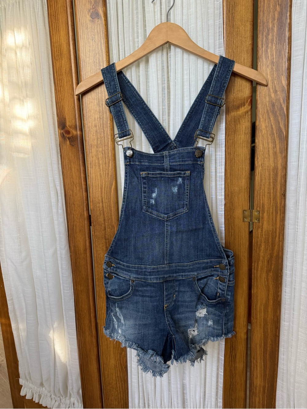Guess Denim Short Overalls in Distressed Dark Blue